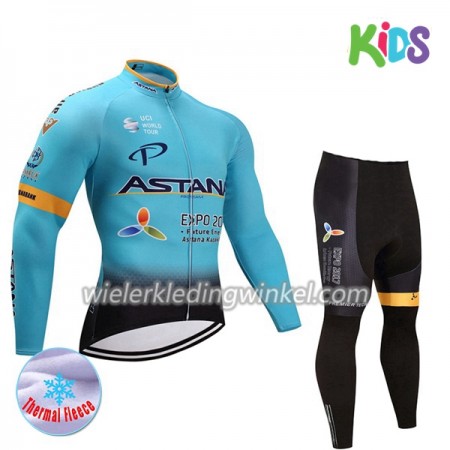 Set Wielershirt Lange Mouw + Fietsbroek Lang 2017 Astana Pro Team Kids N001 Winter Thermal Fleece
